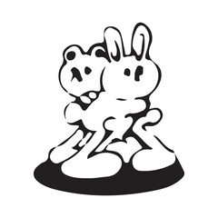 Bear and bunny illustration in black and white outline