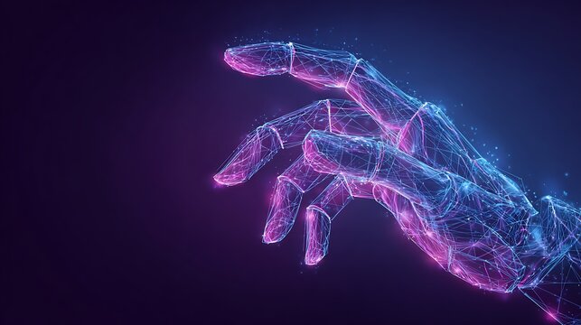 Futuristic Robot Hand Wireframe Reaching Out. AI, Technology, and Human-Machine Interface Concept.