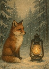 Naklejka premium Fox with lantern snow forest