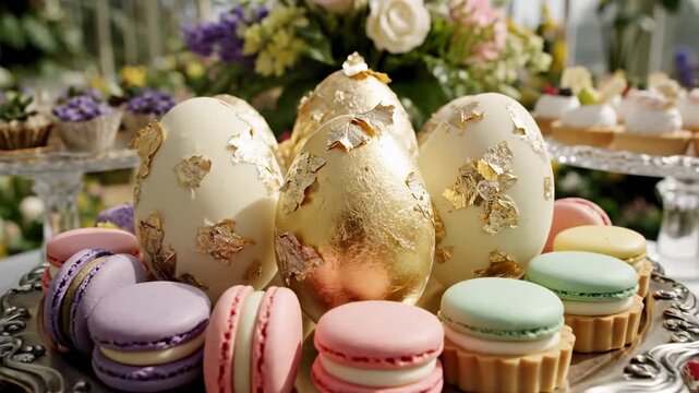 Elegant Easter Dessert Table in Greenhouse - A Sweet Celebration.