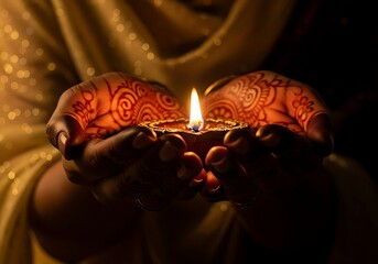 Woman's hands cradling a glowing diya lamp with intricate henna art, perfect for festive celebrations and cultural events