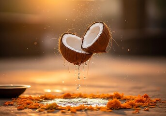 Fresh coconut halves with water droplets, vibrant orange flowers, and golden light, perfect for tropical themes or wellness concepts