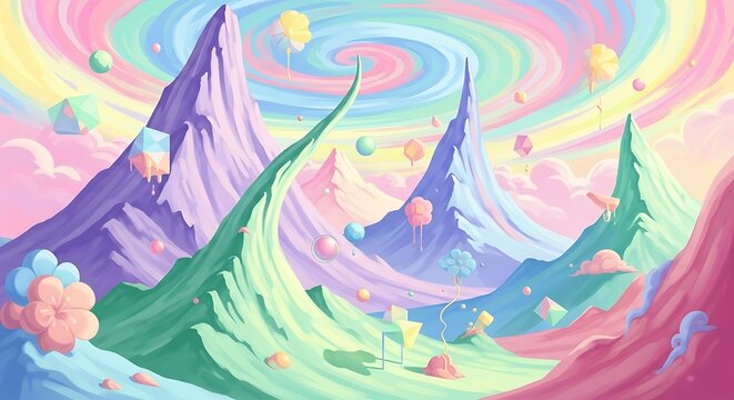 Abstract illustration of colorful mountains and swirling sky background design