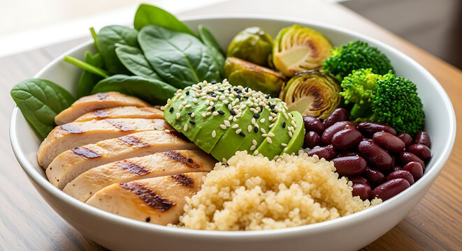 A nutritious and balanced lunch bowl featuring grilled chicken breast, quinoa, avocado, beans, and fresh greens
