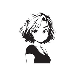 Beautiful Kawaii Girl Black and White Vector Illustration in Cute Simple Line Art Style