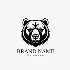 Powerful Grizzly Bear Head Logo Design in Black and White.