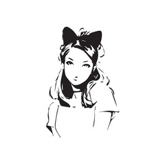 Beautiful Kawaii Girl Black and White Vector Illustration in Cute Simple Line Art Style