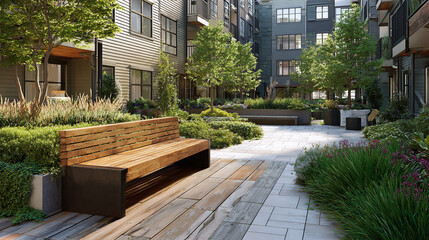 A serene courtyard featuring a wooden bench amidst lush greenery and modern architecture