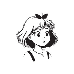 Beautiful Kawaii Girl Black and White Vector Illustration in Cute Simple Line Art Style