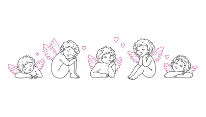 Illustration of five cherubs with pink wings and hearts on white background