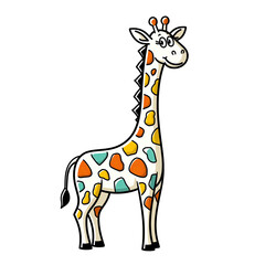 Fototapeta premium Cartoon Giraffe With Colorful Spots Standing Tall On A Black Background With A Friendly Expression