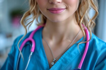 Confident healthcare professional wearing scrubs and stethoscope smiles in a bright clinical environment