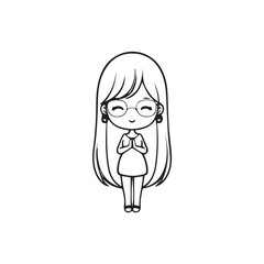 Beautiful Kawaii Girl Black and White Vector Illustration in Cute Simple Line Art Style