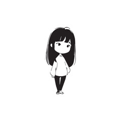 Beautiful Kawaii Girl Black and White Vector Illustration in Cute Simple Line Art Style