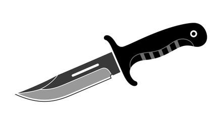 A black and gray illustration of a hunting knife with a sharp blade.