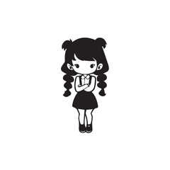 Beautiful Kawaii Girl Black and White Vector Illustration in Cute Simple Line Art Style