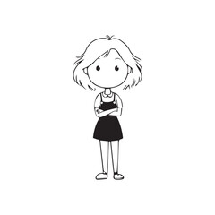 Beautiful Kawaii Girl Black and White Vector Illustration in Cute Simple Line Art Style