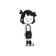 Beautiful Kawaii Girl Black and White Vector Illustration in Cute Simple Line Art Style