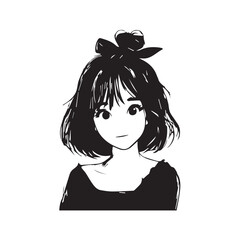 Beautiful Kawaii Girl Black and White Vector Illustration in Cute Simple Line Art Style