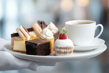 Professional waiter in white gloves offering assorted desserts with espresso in a modern patisserie