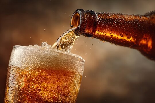 golden beer being poured from a bottle into a clear frosty glass, rich foam rising to the top