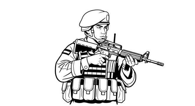 A soldier in uniform and tactical vest holds a rifle, depicted in a black and white line drawing.