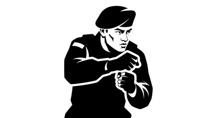 A stylized black and white illustration of a soldier in a defensive stance.