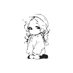 Beautiful Kawaii Girl Black and White Vector Illustration in Cute Simple Line Art Style