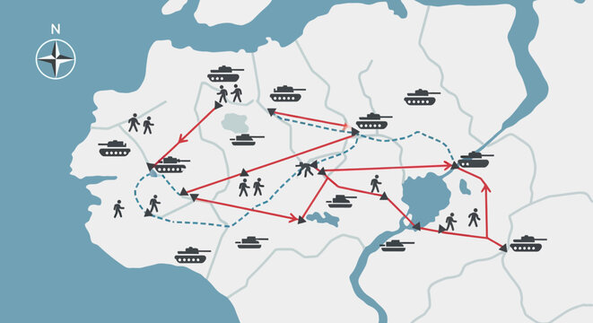 A map illustrating a military campaign with tanks and soldiers advancing along red arrowed routes across a terrain with lakes.