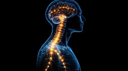 Illustration showcases the neural pathways of human nervous system, emitting vibrant impulses from the brain down the spine, symbolizing neurological function and health in an abstract human form.
