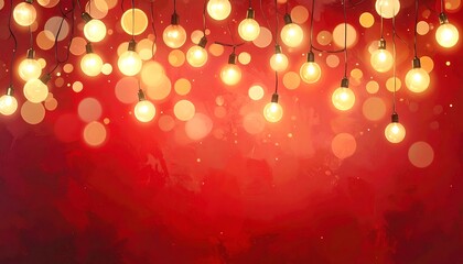 A vibrant red backdrop with floating golden orbs, above, warm illuminated light bulbs on a strand