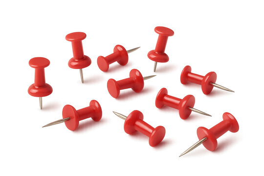 Red pushpins scattered, securing notes, organizing office documents, marking important locations on a map