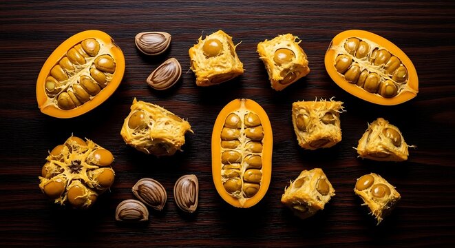 01_Flat lay of Caj Fruit pieces and seeds on a dark wooden surface. High contrast.