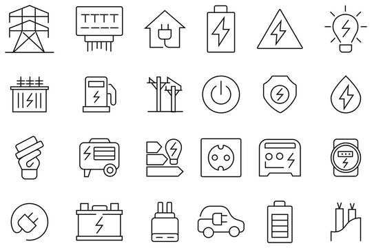 Collation of charging line icon set. Containing as battery, energy, recharge, electric car, electricity, charger, electric socket, e-car and more. Electricity related icons featuring various symbols. 