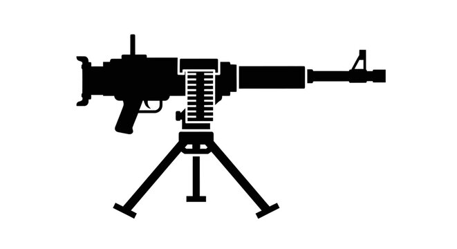Silhouette of a heavy machine gun mounted on a tripod, facing right.