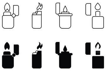 Set of burning lighter icon. Lighter icon line and silhouette collation. Smokers tools. Pocket lighter fire. Flaming lighter vector illustration.