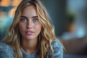 Obraz premium Young woman with long blonde hair and striking blue eyes smiles softly at a cozy indoor setting in autumn