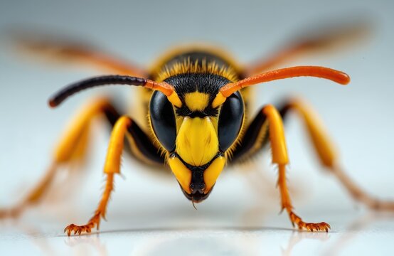 Extreme close up macro photo shows face of aggressive yellow jacket wasp insect. Black and yellow stripes cover body. Visible antennae wings legs and stinger. Intense detailed nature wildlife view. - Powered by Adobe