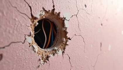Frayed electrical wires exposed inside damaged wall hole. Crumbling old plaster shows cracks, decay. Dangerous wiring is safety hazard needing urgent repair, home maintenance to prevent accident.