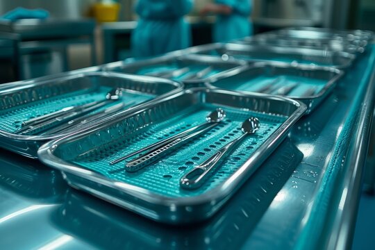 Surgical instruments neatly arranged on trays in a sterile environment of a modern operating room