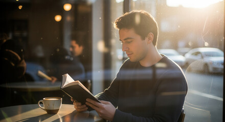 A young man reads a book by a sunlit window in a cafe. Student enjoying a coffee break and studying. Lifestyle of learning and relaxation