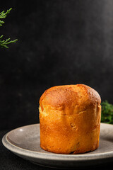 Panettone small sweet pastries Christmas traditional dessert Easter cake tasty snack fresh delicious gourmet food background on the table rustic top view copy space