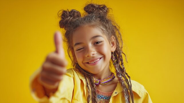 A young girl in a bright yellow shirt stands against a vivid yellow background, smiling while giving a thumbs-up. This gesture from the girl conveys positivity and happiness in the - Powered by Adobe