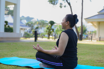 Asian Woman Meditating Outdoors on Yoga Mat for Peace and Wellness