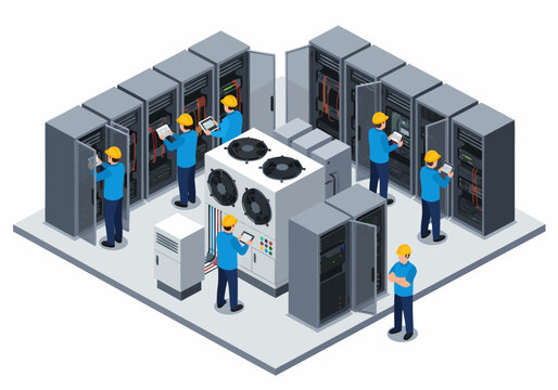 Engineers and IT professionals managing network servers and cooling units in a modern data center, isometric d.eps vector illustration