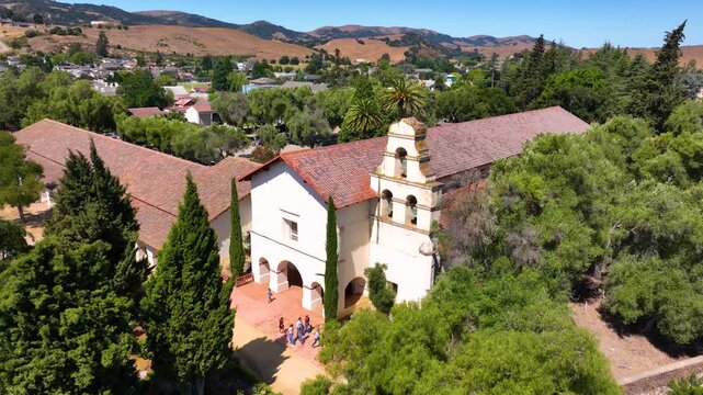 Mission San Juan Bautista aerial view at 406 2nd Street in historic town center of San Juan Bautista, San Benito County, California CA, USA. 