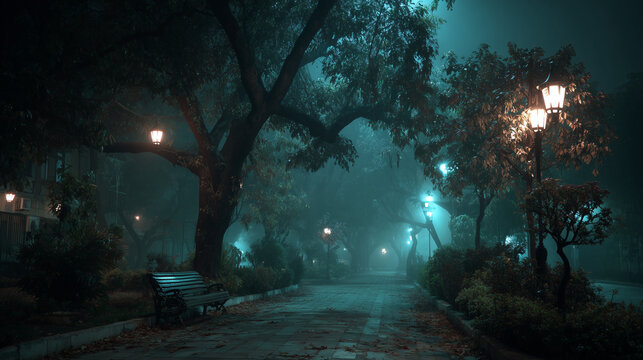 Night park with street light , dark and scary mood.