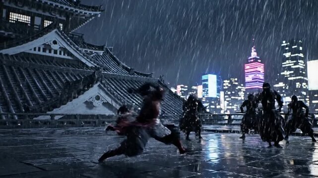 Epic Battle in Cyberpunk City - Ninja vs. Futuristic Warriors.