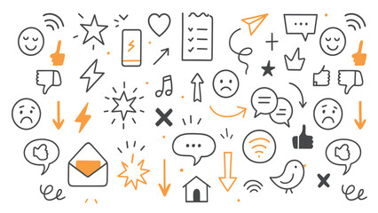 Mixed Hand-Drawn Icons — Social Media, Reaction Symbols, Chat Bubbles and UI Elements Vector