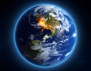 Digital illustration of Earth with a fiery orange glow engulfing North America, set against a dark, starry background